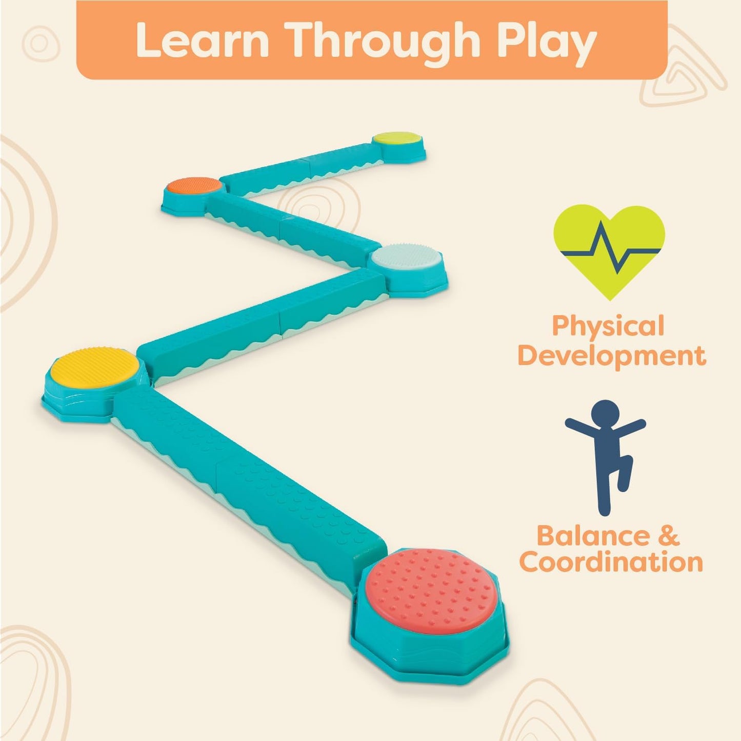 B. toys – Balance Beam for Kids – Interlocking Balancing Beams – 5 Sensory Pads & 8 Beams – Active Play for Toddlers, Kids – 3+ Years– Balance & Build Set